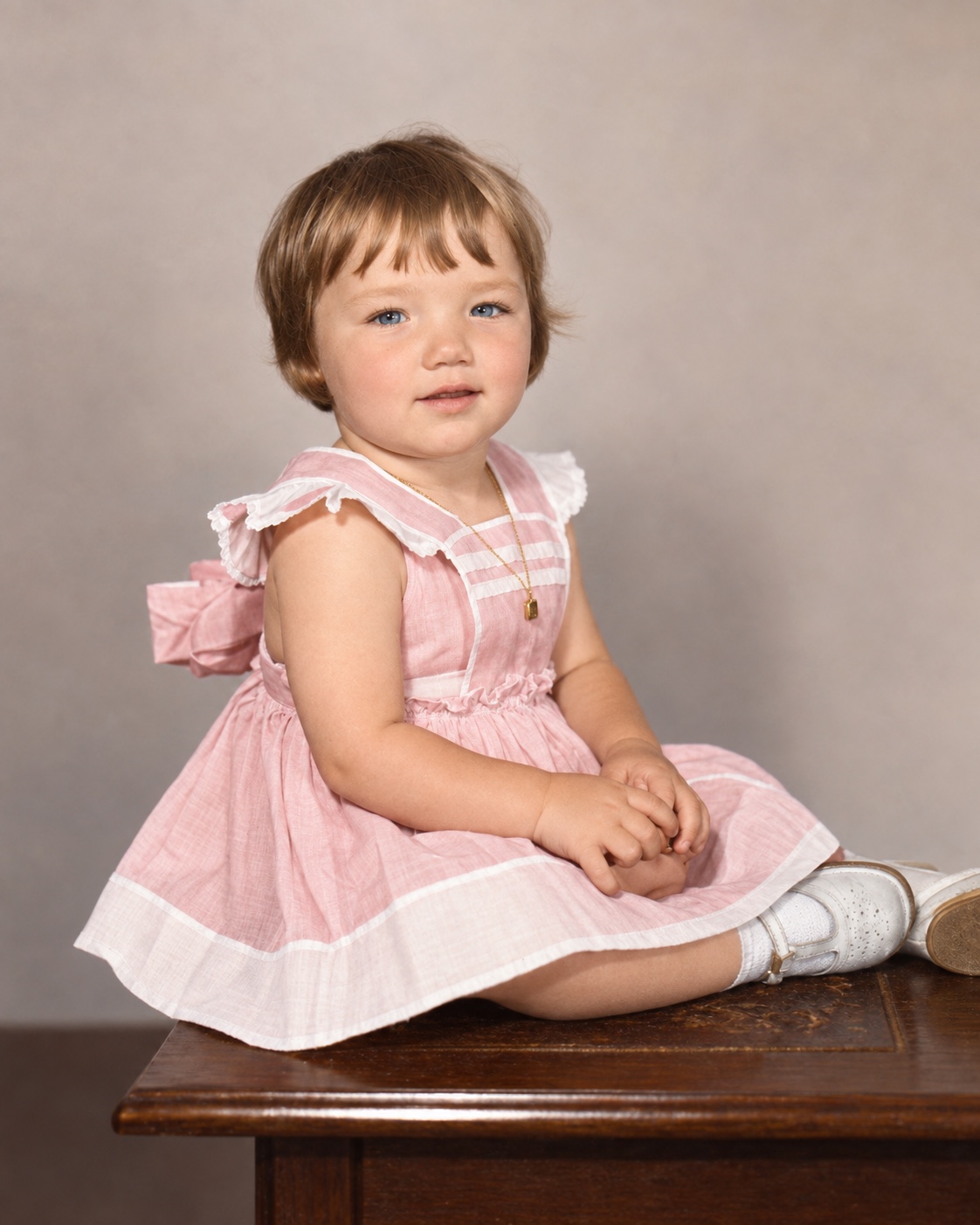 Judith as a small child, seated in a pink dress with white trim and white shoes.