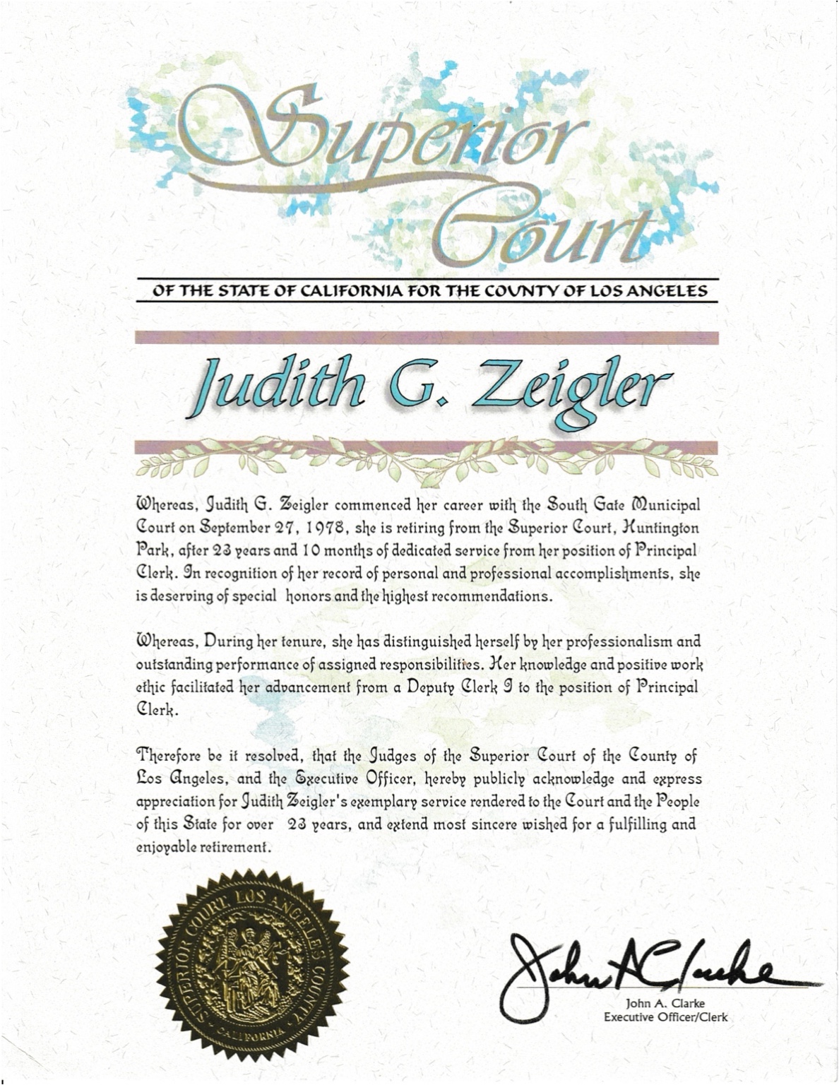 Los Angeles Superior Court commendation for Judith G. Zeigler.