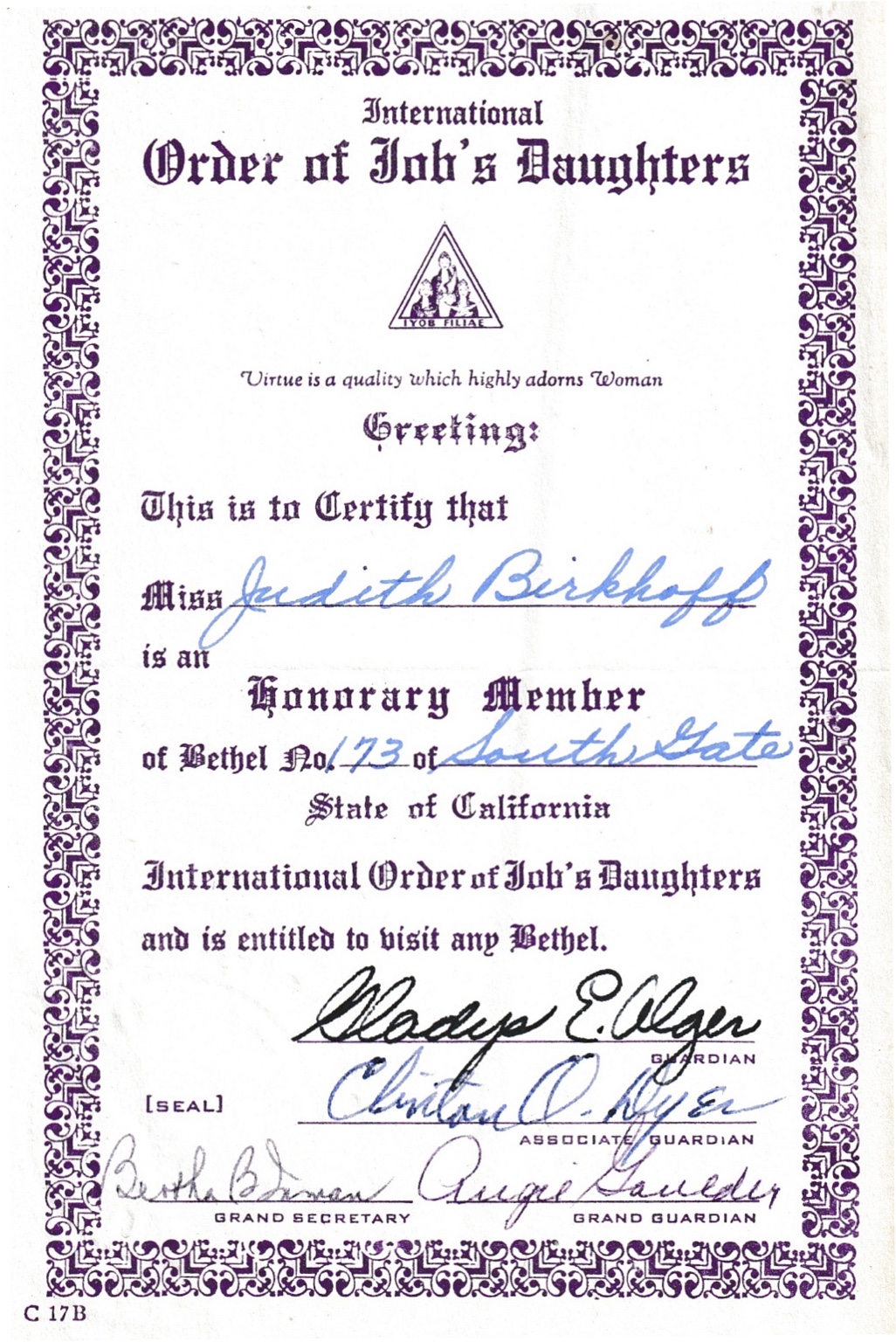 International Order of Job’s Daughters honorary membership certificate for Judith Birkhoff.