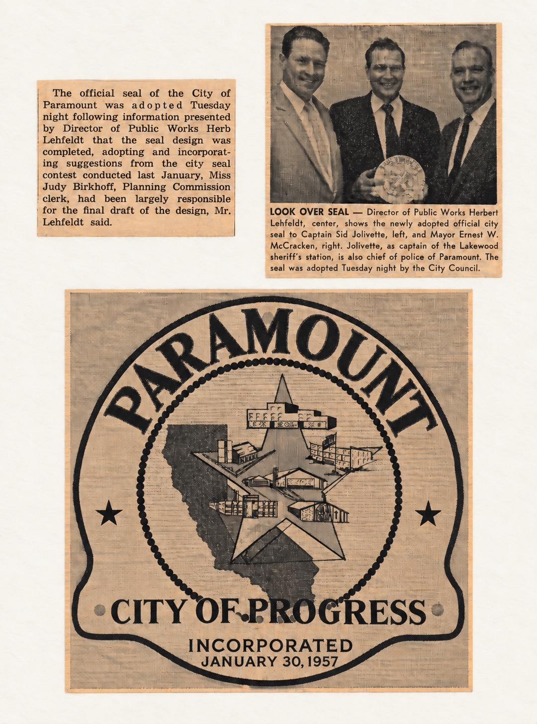 Scrapbook collage containing a newspaper clipping about Judy Birkhoff’s contribution to the Paramount city seal.