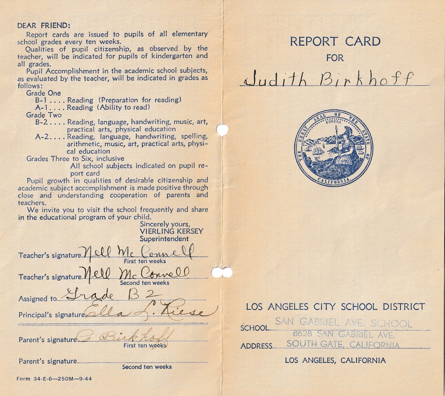 Judith Birkhoff’s San Gabriel Avenue School report card.